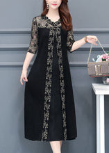 Load image into Gallery viewer, Boutique Black V Neck Lace Patchwork Silk A Line Dresses Half Sleeve