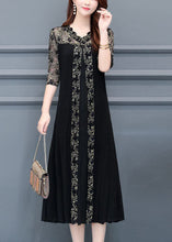 Load image into Gallery viewer, Boutique Black V Neck Lace Patchwork Silk A Line Dresses Half Sleeve