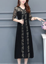 Load image into Gallery viewer, Boutique Black V Neck Lace Patchwork Silk A Line Dresses Half Sleeve