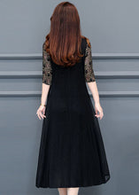 Load image into Gallery viewer, Boutique Black V Neck Lace Patchwork Silk A Line Dresses Half Sleeve