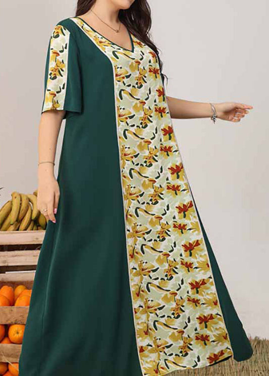 Boutique Blackish Green V Neck Print Patchwork Cotton Dresses Summer