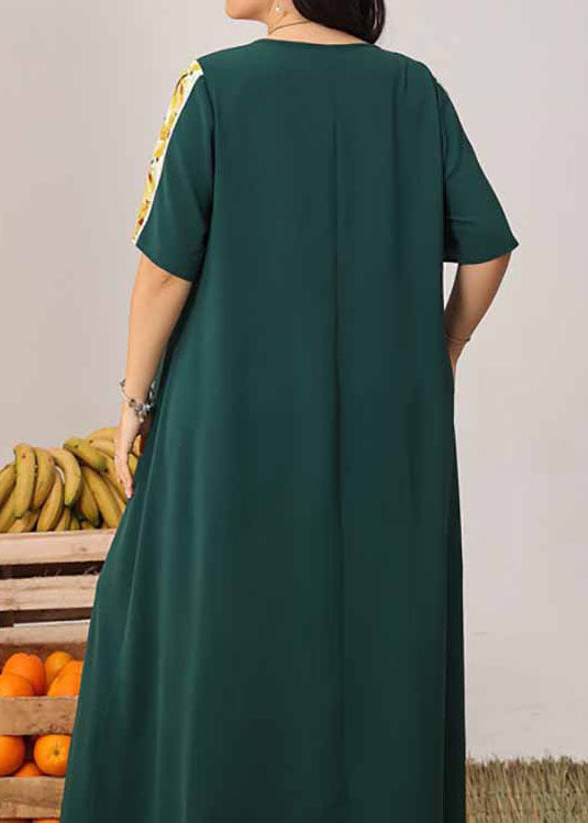 Boutique Blackish Green V Neck Print Patchwork Cotton Dresses Summer