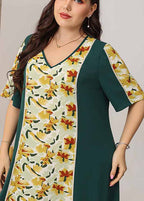 Boutique Blackish Green V Neck Print Patchwork Cotton Dresses Summer
