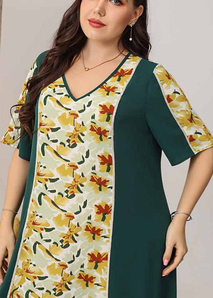 Boutique Blackish Green V Neck Print Patchwork Cotton Dresses Summer