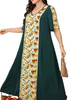 Boutique Blackish Green V Neck Print Patchwork Cotton Dresses Summer
