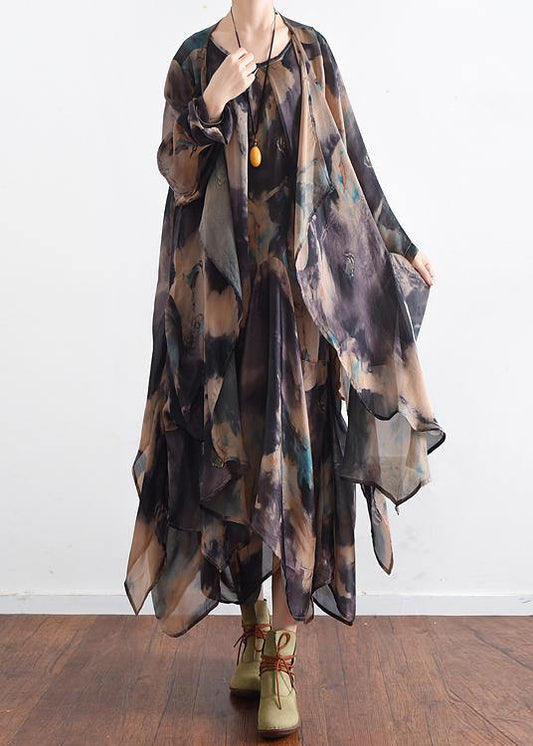 Boutique Blue Green Print O-Neck Two-Piece Set Summer Chiffon Dress