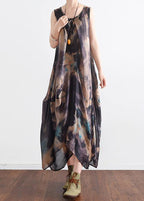 Boutique Blue Green Print O-Neck Two-Piece Set Summer Chiffon Dress