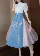 Load image into Gallery viewer, Boutique Blue Wrinkled Tulle Patchwork Embroideried Denim Skirts Summer