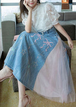 Load image into Gallery viewer, Boutique Blue Wrinkled Tulle Patchwork Embroideried Denim Skirts Summer