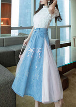 Load image into Gallery viewer, Boutique Blue Wrinkled Tulle Patchwork Embroideried Denim Skirts Summer