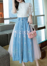 Load image into Gallery viewer, Boutique Blue Wrinkled Tulle Patchwork Embroideried Denim Skirts Summer