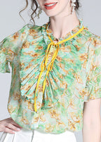 Boutique Green Stand Collar Print Ruffled Neck Tie Silk Top Summer