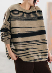Boutique Khaki Striped Knit Sweater Tops Winter