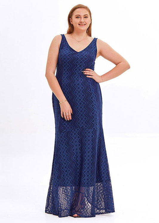 Boutique Navy Backless Patchwork Lace Spaghetti Strap Dresses Sleeveless