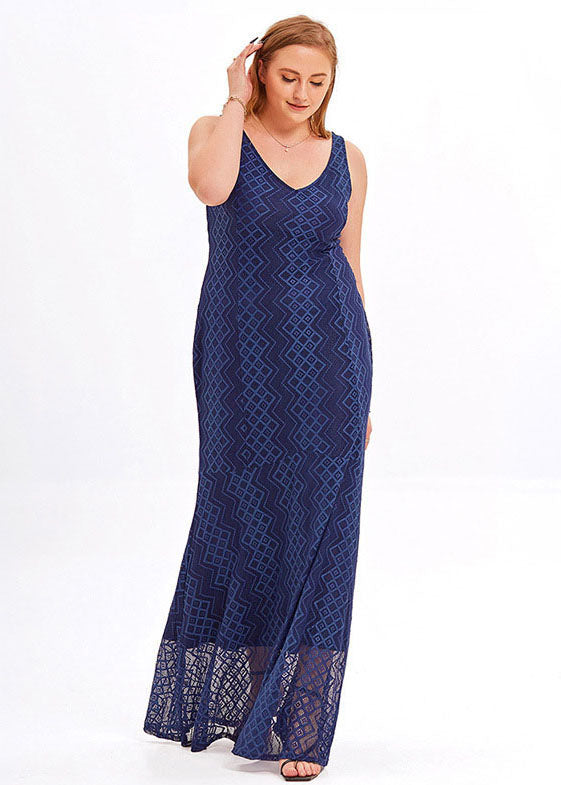 Boutique Navy Backless Patchwork Lace Spaghetti Strap Dresses Sleeveless