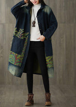 Load image into Gallery viewer, Boutique Navy Peter Pan Collar Pockets Button Print Fall Denim Long Sleeve Trench Coat