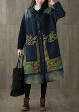 Load image into Gallery viewer, Boutique Navy Peter Pan Collar Pockets Button Print Fall Denim Long Sleeve Trench Coat