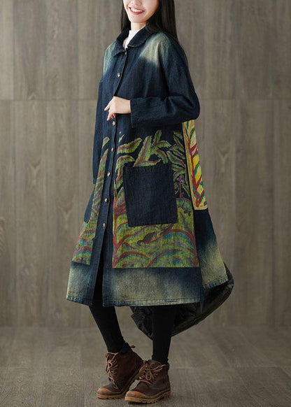 Boutique Navy Peter Pan Collar Pockets Button Print Fall Denim Long Sleeve Trench Coat