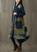 Load image into Gallery viewer, Boutique Navy Peter Pan Collar Pockets Button Print Fall Denim Long Sleeve Trench Coat
