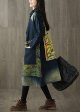 Load image into Gallery viewer, Boutique Navy Peter Pan Collar Pockets Button Print Fall Denim Long Sleeve Trench Coat