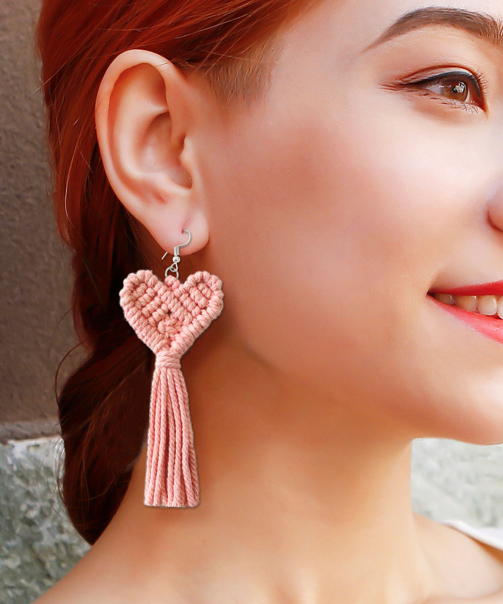 Boutique Pink Cotton Thread Hand Knitting Tassel Love Drop Earrings