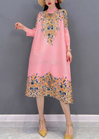 Boutique Pink Stand Collar Embroideried Print Satin Dresses Long Sleeve