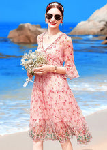 Load image into Gallery viewer, Boutique Pink V Neck Ruffled Print Silk Beach Dresses Half Sleeve