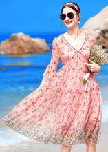 Load image into Gallery viewer, Boutique Pink V Neck Ruffled Print Silk Beach Dresses Half Sleeve