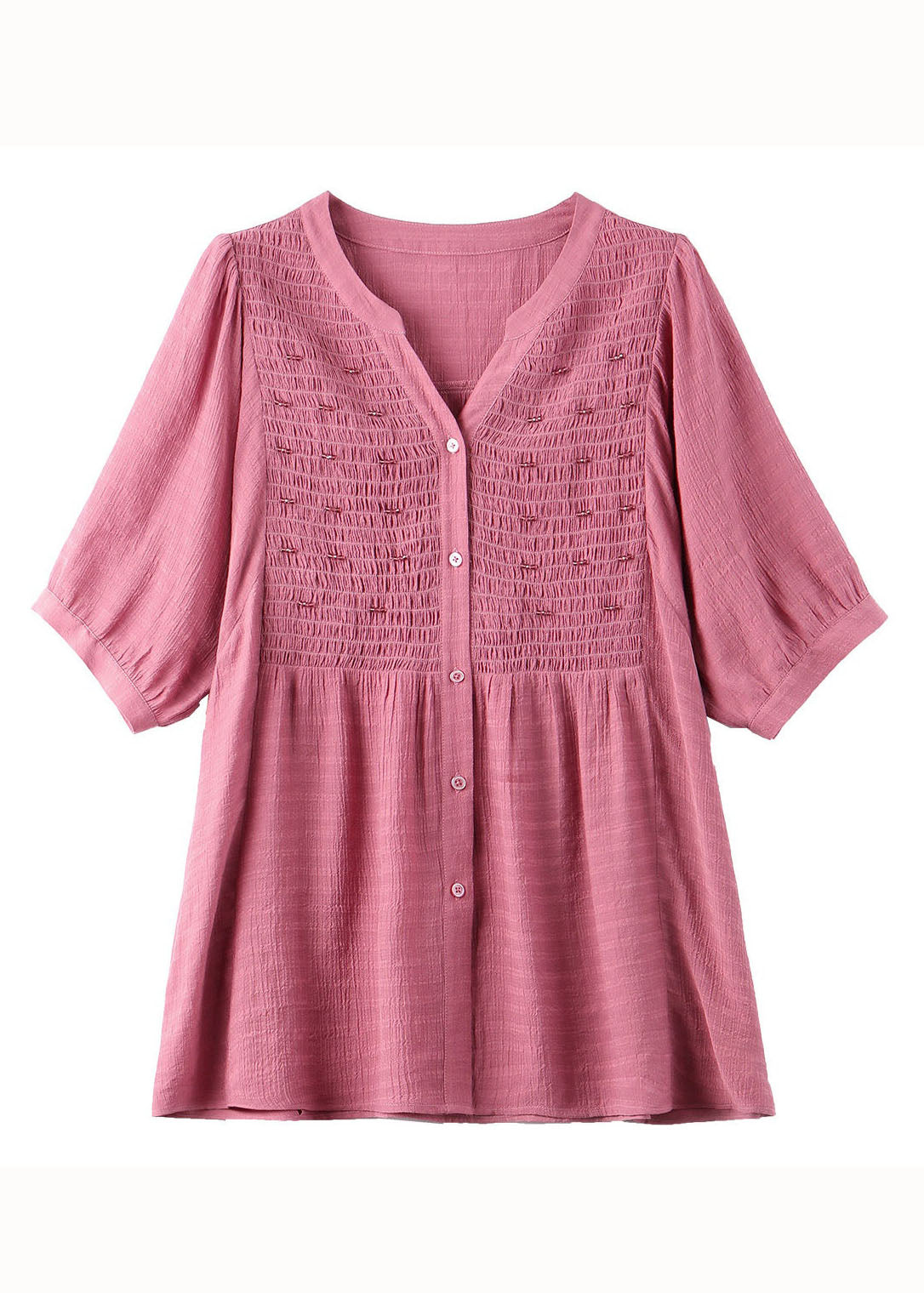 Boutique Pink V Neck Wrinkled Nail Bead Patchwork Cotton Shirt Top Summer
