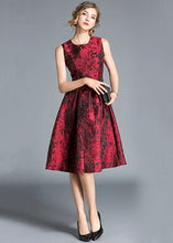 Load image into Gallery viewer, Boutique Red Jacquard Wrinkled Patchwork Silk Party Dress Sleeveless