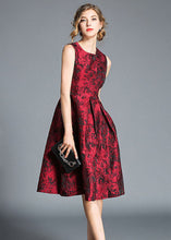 Load image into Gallery viewer, Boutique Red Jacquard Wrinkled Patchwork Silk Party Dress Sleeveless