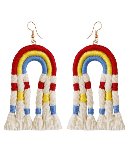 Boutique Red Thread Hand Knitting Tassel Rainbow Drop Earrings