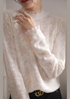 Boutique White Ruffled Patchwork Jacquard Lace Shirts Spring