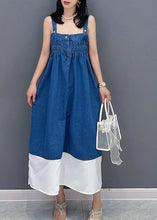 Load image into Gallery viewer, Brief Denim Blue Slash Neck Patchwork Cinched Button Maxi Dress Summer
