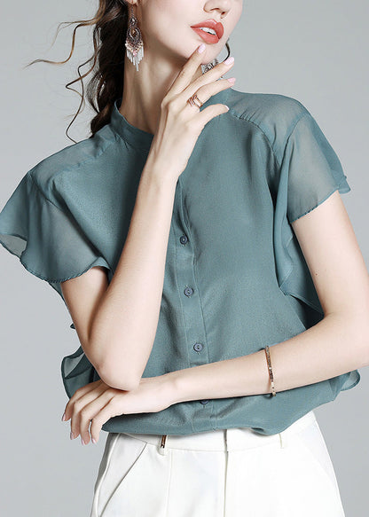 Brief Haze Blue Stand Collar Button Solid Silk Shirt Short Sleeve