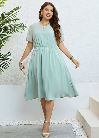 Brief Light Green O-Neck Patchwork Button Chiffon Maxi Dress Summer