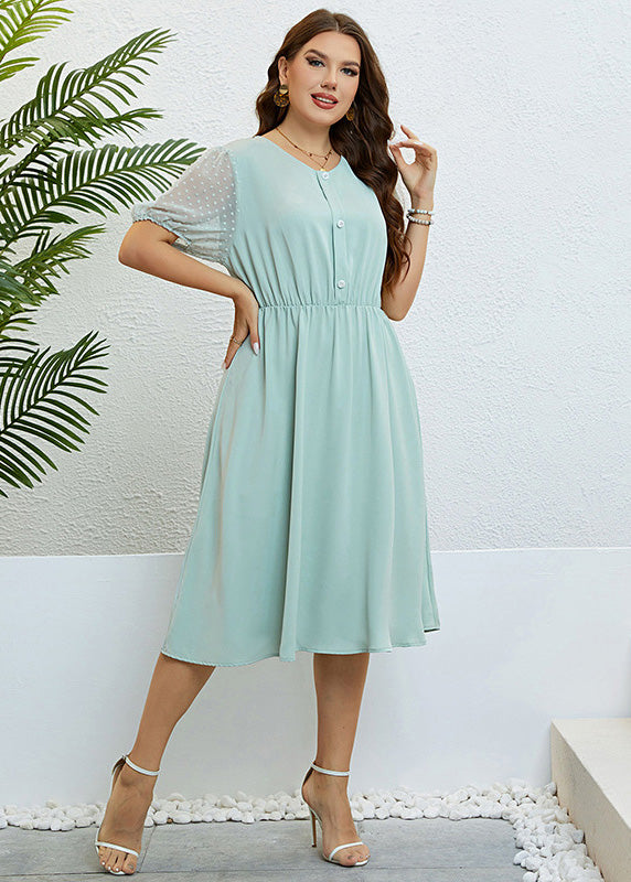 Brief Light Green O-Neck Patchwork Button Chiffon Maxi Dress Summer