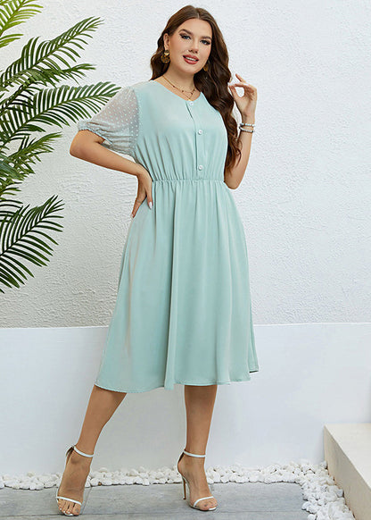 Brief Light Green O-Neck Patchwork Button Chiffon Maxi Dress Summer