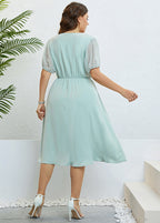 Brief Light Green O-Neck Patchwork Button Chiffon Maxi Dress Summer