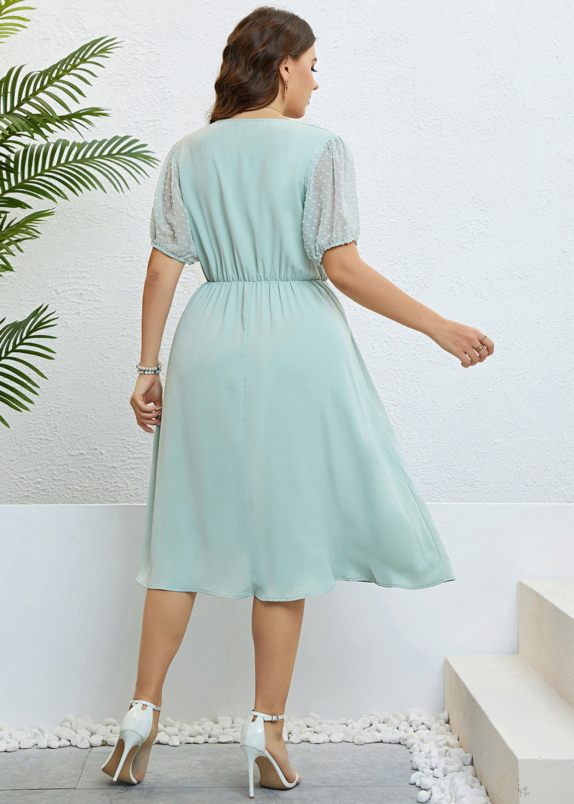 Brief Light Green O-Neck Patchwork Button Chiffon Maxi Dress Summer