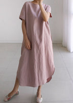 Brief Pink O Neck Patchwork Loose Cotton Long Dress Summer