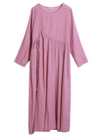 Brief Pink O-Neck tie waist wrinkled Linen Dresses Long Sleeve