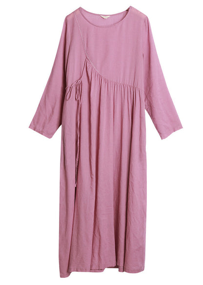 Brief Pink O-Neck tie waist wrinkled Linen Dresses Long Sleeve
