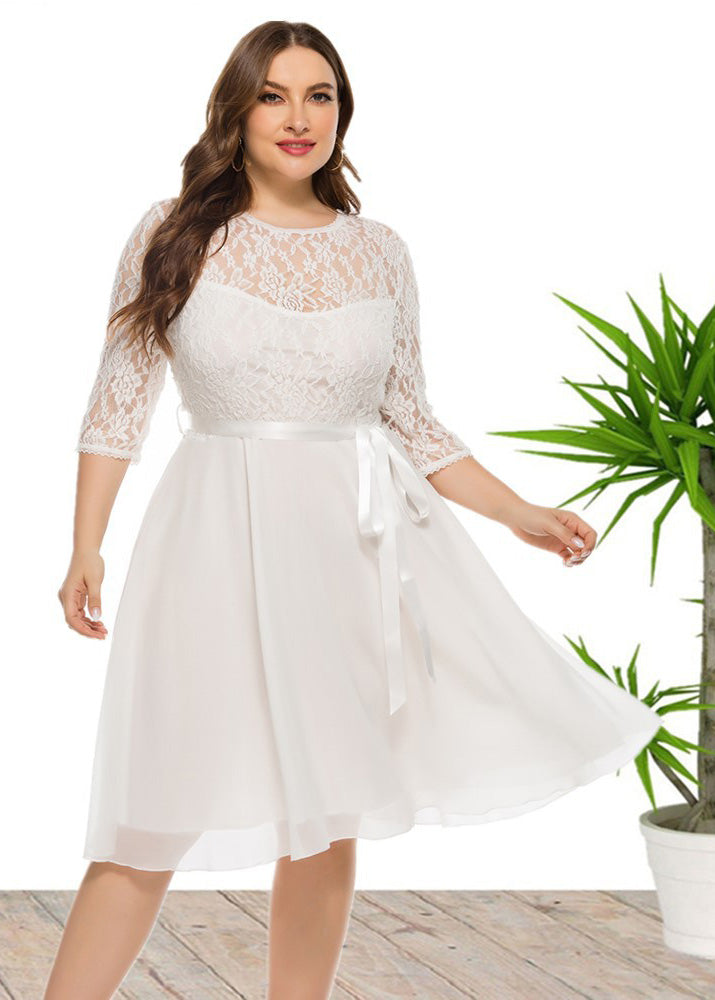 Brief White O-Neck Lace Patchwork Chiffon Mid Dress Bracelet Sleeve