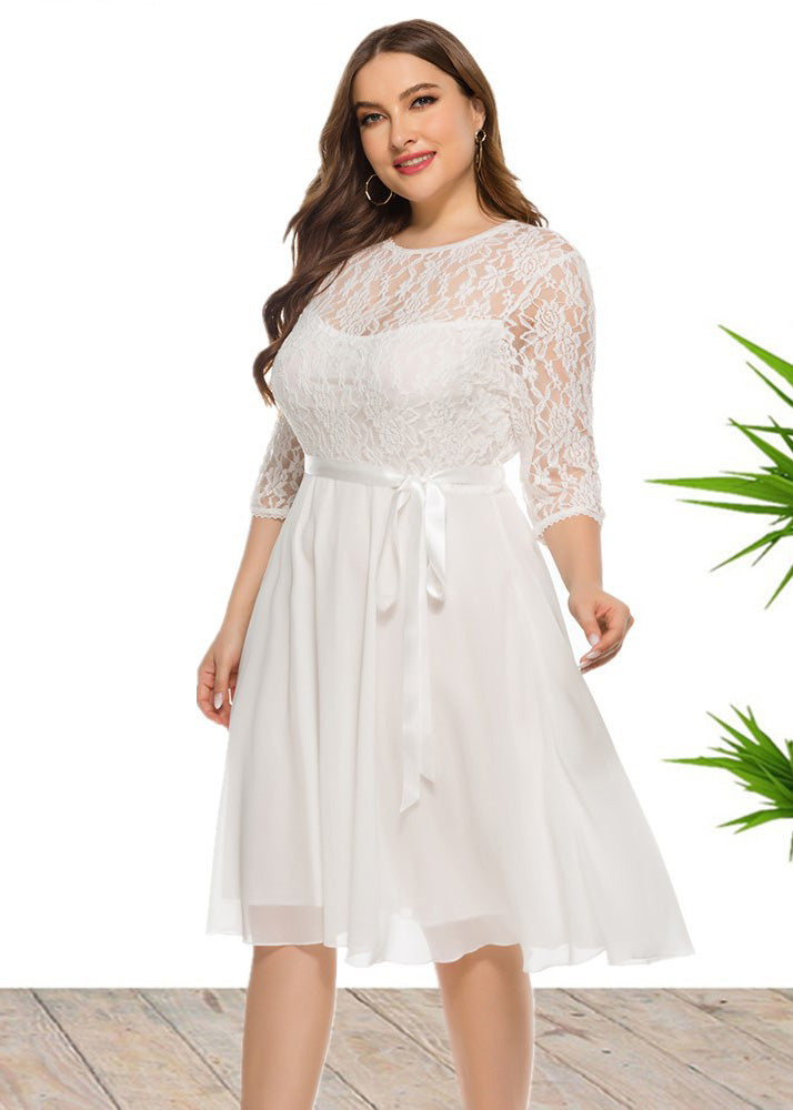 Brief White O-Neck Lace Patchwork Chiffon Mid Dress Bracelet Sleeve