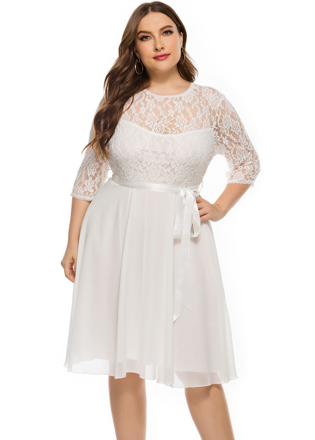 Brief White O-Neck Lace Patchwork Chiffon Mid Dress Bracelet Sleeve