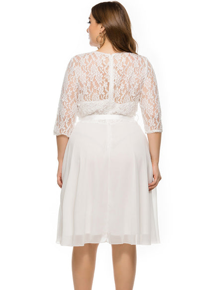 Brief White O-Neck Lace Patchwork Chiffon Mid Dress Bracelet Sleeve