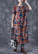 Load image into Gallery viewer, Brown Morning Glory Print Linen Holiday Dress Pockets Summer
