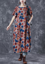 Load image into Gallery viewer, Brown Morning Glory Print Linen Holiday Dress Pockets Summer