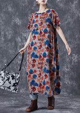 Load image into Gallery viewer, Brown Morning Glory Print Linen Holiday Dress Pockets Summer